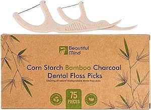 Natural Dental Floss Picks 75 Pack – Organic Biodegradable Floss Sticks with Strong Bamboo Charcoal Thread & Vegan Cornstarch Handle – No Plastics, No Artificial Flavours - Kraft Paper Box