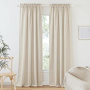 RYB HOME Semi Sheer Curtains - Linen Textured Sheer Curtains Light & Airy Country Curtains Privacy Sheer Window Decor for Bedroom Living Room Sun Room, Beige, W 52 x L 90 inch, 1 Pair