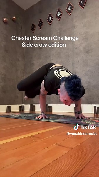 What kind of crazy person came up with this challenge and why do I feel like we would totally be friends 🥲 This was the first take and I thought about redoing it since I had that little toe tap at the start but I’m not sure I’m gonna make it thru a second round and the genuine laughter at how insane this is was just too good 💀 Acceptable attempt?? 🥹 #chesterscream #challenge #yogachallenge #metalyoga #armbalance