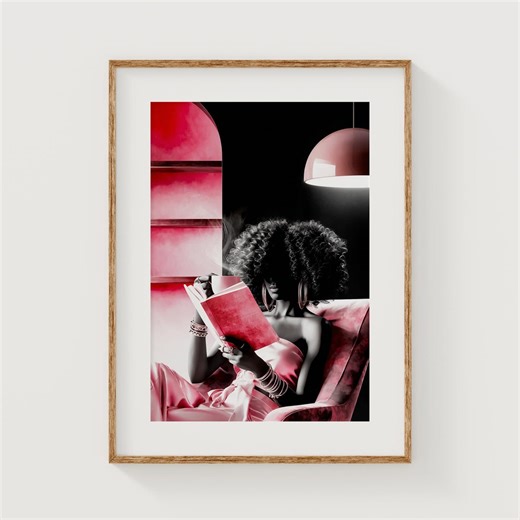 Black Woman Reading in Pink Velvet Chair - Glamorous Vintage-style Art, Printable Wall Decor for Book Lovers, Sophisticated Digital Download - Etsy UK