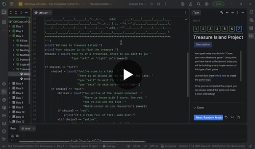Day 3/100 of learning Python from 100 Days of Code™: The Complete Python Pro Bootcamp by Angela Yu ( https://lnkd.in/g95SzWVp ). Today, I built a simple Treasure Island game. | Aisar Ruzaini
