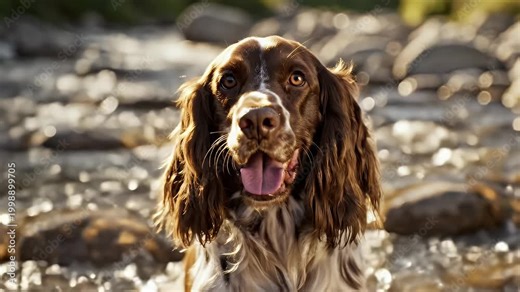 Close-Up of an Adult English Springer Spaniel with Water Droplets in a Natural River Setting