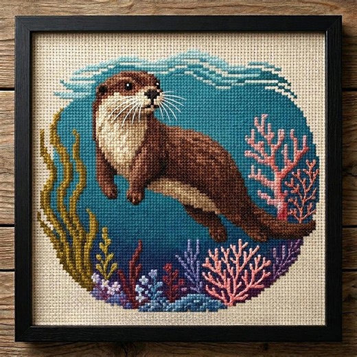 Otter Cross Stitch Pattern: Underwater Scene, Ocean Coral, Digital Download - Etsy