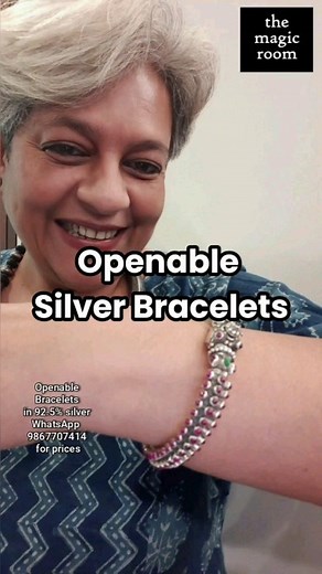Openable Silver Bracelets in 92.5 silver with decorative glass inlay handwork. Price range Rs 5000 to Rs 8500 approximately. Inner circumference of these bracelets is 8 inches and they open up for wearing. Please measure your wrist circumference and order. Do not go by your standard bangle size. Please whatsapp 919867707414 for more details. #magicroommumbai #magicroomjewellery #silverjewelry #bracelets | The Magic Room