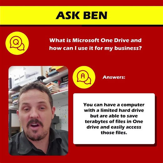 What is Microsoft One Drive and how can I use it in my business? One Drive is like a storage location you can save your files and folders but stored them online. You can connect multiple computers connected to one drive account and share all those files between the computers. The good thing about one drive are you don't need to download all the files to the computers. It automatically downloads your files now and then. You can have a computer with a limited hard drive but are able to save teraby