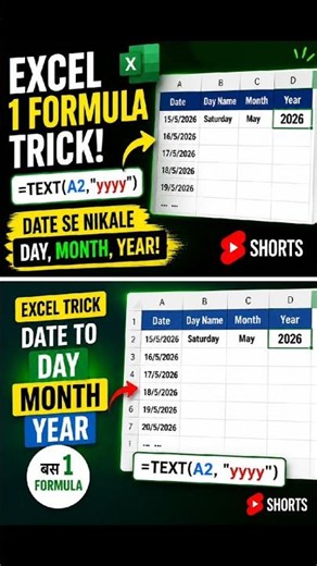 Excel Me Date Se Day, Month & Year Kaise Nikale | Easy Formula Tricks 😱 #excel #excelformula #shorts
