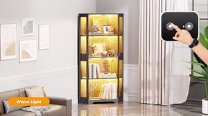 BROTTAR 65" Lighted Corner Display Cabinet with Glass Doors, 4-Tier Hexagon Curio Cabinet for Living room, Entryway, Black