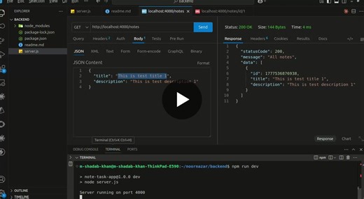🚀 Built my first REST API using Node.js + Express I just completed a simple Notes CRUD API project, and it helped me understand a lot of backend fundamentals in practice. 💡 Features: • Create… | M Noor e Nazar