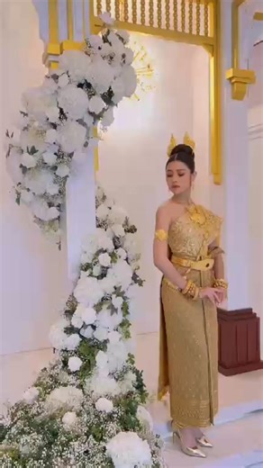 Beautiful Cambodian (Khmer )Wedding Costumes of Kingdom of Cambodia 🇰🇭🐉🐉🐉 ❤️Wedding Ceremony in Cambodia: Groom and bride change their outfits’ colors several times to match each ceremony. Silk is the material used in the Cambodian wedding clothing.The bride wears a tube skirt with a fold in front, a bit similar to the skirt that was popular around with a piece of cloth. The top of bridal clothing is a tube top with a ribbon. Groom wears trousers in the Sampot-a piece of cloth through the e