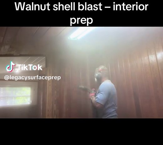 Interior walnut shell blasting to remove buildup without damaging wood. Prep phase only — before refinishing or restoration. #surfaceprep #restoration #walnutshell #contractorlife #oddlysatisfying
