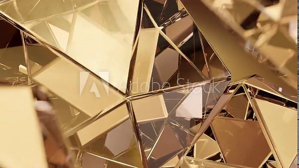 A modern background with a golden polygonal design. 3D abstract of a geometric jewel surface. A background animation of golden sparkling crystals.