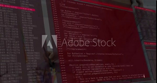 Dev noting at desk with screen causing red panel appearing with scrolling code, logs for review