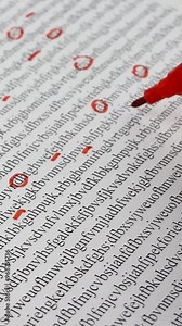 Cypher reads word data and encrypts it. Encryption code data is marked with red pen. Information is coded and decoded. Reverse process to convert code symbols back into form recipient can understand