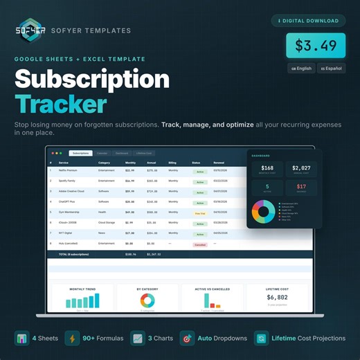 Subscription Tracker Spreadsheet: Manage Recurring Expenses (google Sheets, Excel) - Etsy