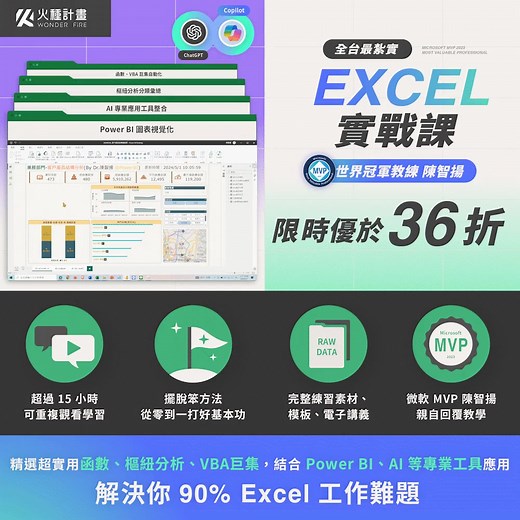 【 Excel 問題再也不求人｜微軟 MVP 帶你提升職場效率 】 #限時優於36折_搶先預購！ https://go.wonderfire.win/解決9成工作難題 - 📊 這是一堂 #人人必修的Excel商業基礎課程，這堂課將涵蓋你 90% 的工作問題，透過 微軟MVP 陳智揚 淺顯易懂的白話教學，帶你理解功能背後的使用邏輯，設計成「扎實」、「好理解」的系統化課程內容，運用多元的案例實作示範，將 Excel 強大的資料處理功能發揮到極致、大幅提升工作效率，達到真正的「自動、快速、正確」。 - 手把手教你從 #資料整理、#樞紐分析、#函數應用 和 #統計圖表，再到 #VBA巨集、#PowerBI、#AI軟體整合應用等，全面性的帶你打好 Excel 基礎，讓你 Excel 再也不求人！ - #課程特色： 📍提供Raw Data、常用工具模板、電子講義，讓你無痛上手，輕鬆跟著練習！ 📍系統化學會實戰 Excel，解決 90% 工作難題！ 📍世界冠軍教練，與我和各地學員一起練習、討論、分享成果 📍超過 15 小時課程，不限時間、次數、地點，可重複學習觀看 📍幫助你擺脫土法煉鋼的