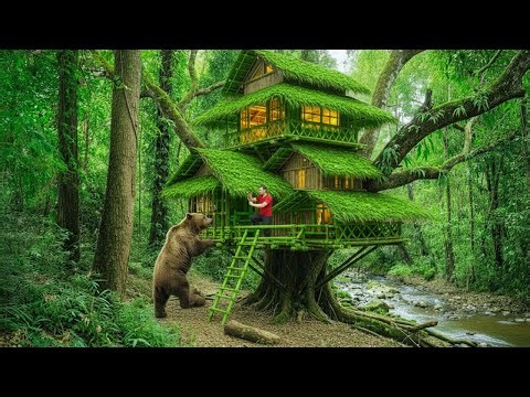Building a Three Story Bamboo Tree House Bear Appears in the Jungle During Construction
