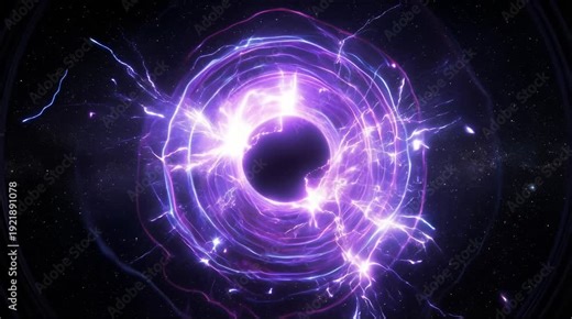 Cinematic 4k purple color circular shockwave energy blast with glowing particles and explosive motion on black background
