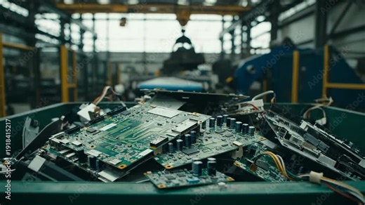 A large green bin overflows with discarded electronic circuit boards and components in an industrial recycling facility. A large crane is visible overhead, suggesting an active processing environment.