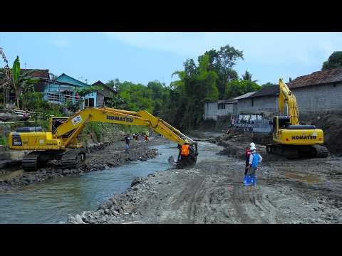 Excavator Ready Mix Trucks Working on the Riverbank Groundsill Reinforcement Construction