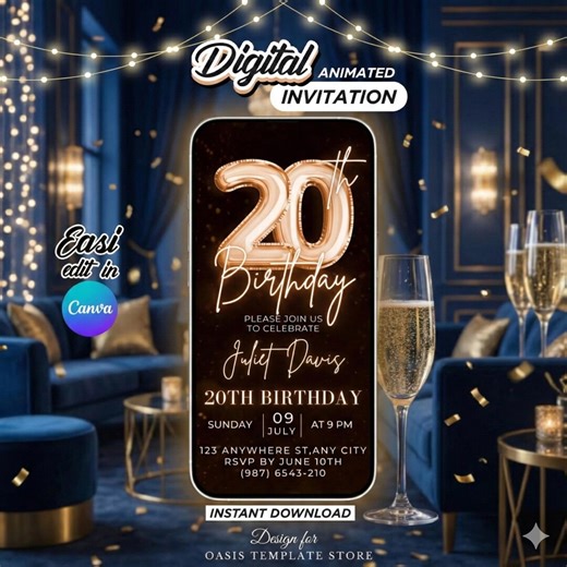 Animated 20th Birthday Invitation Digital, Black and Gold Party Invite, Canva Template, Turning 20 Evite, Editable Mobile Text Invitation - Etsy