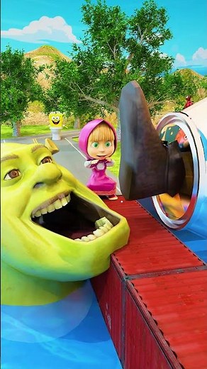 👽 Giant Shrek Foot Pushing Characters Driving on Container Bridge into Shrek