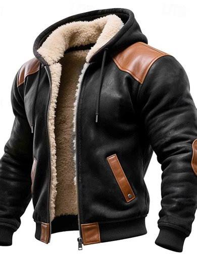 Men's Faux Leather Jacket Winter Coat Fleece Jacket Casual Jacket Outdoor Casual Thermal Warm Pocket Full Zip Fall Winter Color Block Streetwear Daily Hooded Regular Black Jacket 2025
