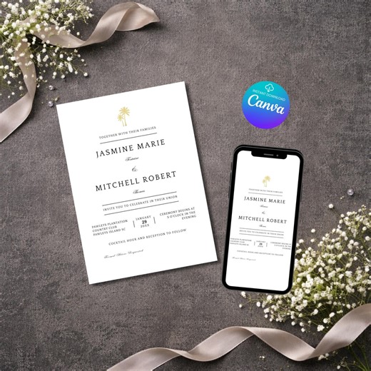 Golden Palm Tree Coastal Wedding Invitation, Minimalist Gold Modern Beach Digital E-invite CBW05 - Etsy