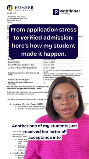 Another one of my students just secured her Letter of Acceptance into Humber College, Toronto for the Personal Support Worker program 🎉 With a one-year course, mandatory co-op, and real healthcare experience, she’s now on a clear pathway toward permanent residency. She got here through our End-to-End Admissions Program. When you choose our End-to-End Program, here’s what you get: ✔️ Admission secured within 4–6 weeks ✔️ A dedicated admission manager guiding your process ✔️ Applications to top s