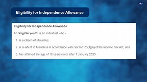 🇲🇺 𝐈𝐧𝐝𝐞𝐩𝐞𝐧𝐝𝐞𝐧𝐜𝐞 𝐀𝐥𝐥𝐨𝐰𝐚𝐧𝐜𝐞 - 𝐑𝐬 𝟐𝟎,𝟎𝟎𝟎 A 𝙤𝙣𝙚-𝙤𝙛𝙛 𝙖𝙡𝙡𝙤𝙬𝙖𝙣𝙘𝙚 of 𝐑𝐬 𝟐𝟎,𝟎𝟎𝟎 will be paid by the MRA to eligible youths who have attained the age of 𝟏𝟖 𝐲𝐞𝐚𝐫𝐬 𝐨𝐧 𝐨𝐫 𝐚𝐟𝐭𝐞𝐫 𝟎𝟏 𝐉𝐚𝐧𝐮𝐚𝐫𝐲 𝟐𝟎𝟐𝟑. More details about this allowance are available in this video 🎞 👇 #MRA #IndependenceAllowance | Mauritius Revenue Authority