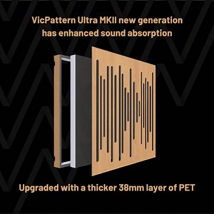 The new generation of VicPattern Ultra MKII panels enhances sound performance using a thicker layer of 38mm PET inside. Wavewood, Reflex, Symmetric and Triangles, will now be available on the MKII version. Learn more: https://vicoustic.com/product/vicpattern-ultra-wavewood-mkii Do you have VicPattern Ultra? You can upgrade your panels' performance by adding VicPattern Ultra Upgrade Kit, a second layer of PET placed on the back of the panel. Learn more: https://vicoustic.com/product/vicpattern-ul