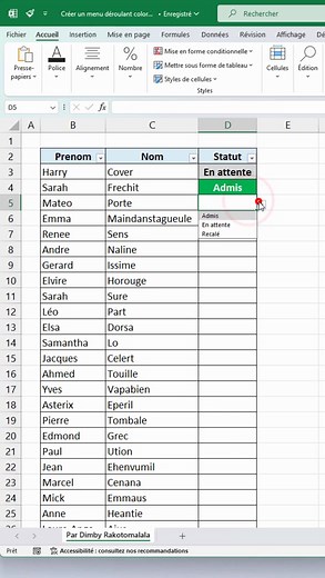 44K views · 510 reactions | Crée rapidement un menu déroulant avec code couleur  Avec ça, tu pourras mieux visualiser chaque élément de ta liste. Et ça rendra ton tableau plus stylé ! ✨ ➡️ Clique sur le lien en bio pour télécharger mon eBook et découvrir ma formation Excel (éligible CPF) #excel #exceltips #astuceexcel | Dimby Rakotomalala | Facebook