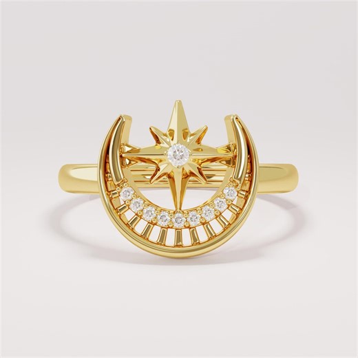 Moon Star Pave Diamond Ring, 14k Solid Gold Celestial Crescent Statement Ring - Etsy