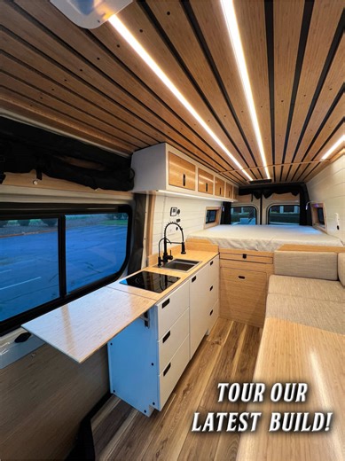 Tour our latest custom build with us! 🚐✨ This customer wanted tons of open space storage, and we’re obsessed with how it turned out - especially the beautiful slat ceiling 🤩🤌🔥 . . #vanlife #campervan #customvan #CustomCamperVan #vanforsale #campervanforsale #ScenicVans #homeonwheels #tinyhome #offgridliving #offgridlifestyle #offgrid #vanbuild #campervanlife