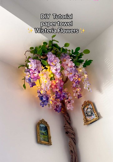 How to make a Wisteria Tree | DIY Wisteria Flowers Supplies Used: Paper towels Acrylic and watercolor paints Cardboard Paper bags Glue / Glue gun Brush Scissors LED Battery operated Fairy Lights (with low voltage) Safest option overall. #wisteriavine #papercraft #artbyasolat #DIY #wisteria #craft #art #painting