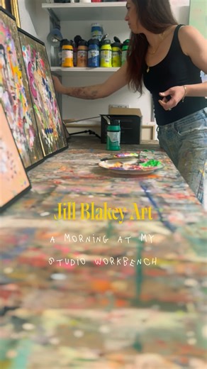 My studio is in a constant state of organised chaos. I get so lost in the flow that I really do forget to keep anything tidy, it doesn't even cross my mind to put the lid back on the paint etc. . . . . . #jillblakeyart #colourfulart #artinprogress #artiststudiospace #artiststudio | Jill Blakey Art