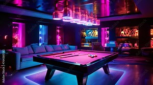 A pool table lit up by numerous bright lights, creating an engaging atmosphere for billiards and other cue sports, Games room illuminated with leds, AI Generated