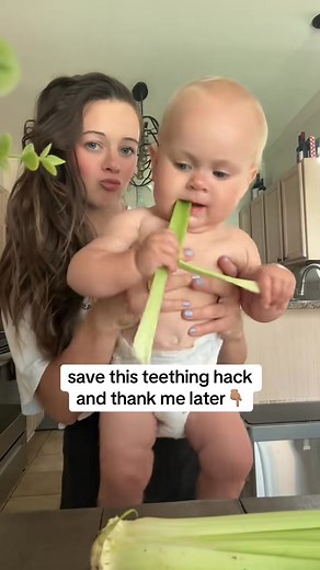 🦷 Natural Teether Texture – When chilled, celery becomes firm but not rock-hard, giving babies something satisfying to gnaw on that gently massages sore gums. 2. 🌿 Anti-Inflammatory Properties – Celery contains compounds like apigenin and luteolin, which naturally help reduce inflammation and soothe gum irritation. 3. ❄️ Cooling Relief – Pop a stalk in the fridge (not the freezer) — the cold crunch helps numb sore gums and brings immediate comfort. 4. 🧠 Safe Alternative – Unlike some teethers