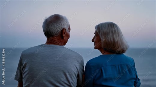 Elderly Couple Watching Sunset by the Sea