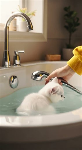 The Kitten finally learns to swim !🏊‍♂️ 💕 Watch its first splash #kittens #pets #swimming