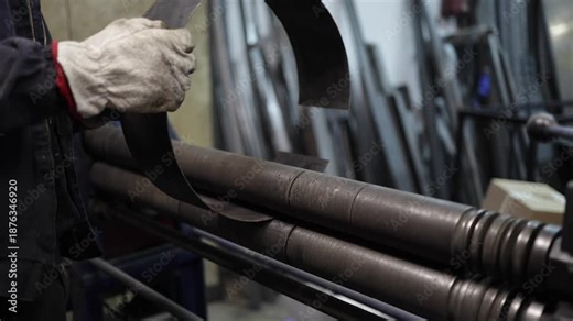 Metalworker shaping steel sheet using an industrial rolling machine in a factory, fabricating custom metal components with precision and craftsmanship in a workshop setting