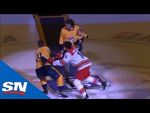 Justin Williams, Roman Josi Battle It Out During Nashville Predators' Ceremonial Puck Drop