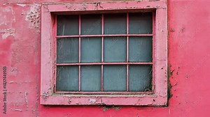 A weathered pink window with a view from an old building
