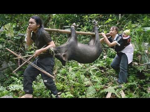 Going deep into the forest, hunting wild boars with a crossbow, farm life. SURVIVAL ALONE