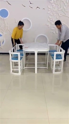 Solid Wood Nesting Round Dining Table with 6 Chairs White