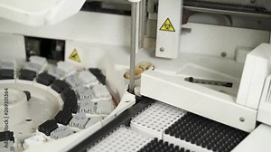Racks for putting samples and blood tubes loaded into automated analyzer in medical laboratory. Human biological samples researching.