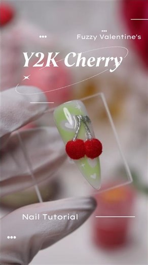 Fuzzy Y2K Valentine's Cherry Nails 🍒🩶 #nailtutorial #cherrynails #valentinesnails #diynails
