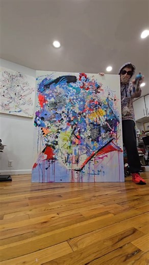 The history of NYC art culture is altered to fit the narrative of the hype machines, but we can alter it back to what's actually real. Painting on the streets since the 90s making endless works and keeping that old NY funk alive - If you look closely, you'll see one big face, but it's all dissected and abstracted into different particles just like life is. See the particles of spray paint, oil, marker, collage, and acrylic mix together on the canvas to create this painting titled Street Hero. | 