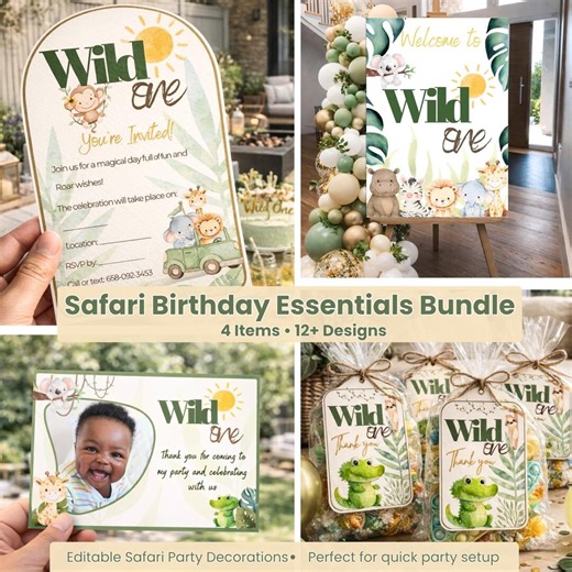 Safari Birthday Essentials Bundle Editable Wild One Party Decorations Invitation Thank You Card Canva Template First Birthday - Etsy
