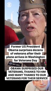 In honor of Veterans Day, former President Barack Obama surprised and thanked Korean and Vietnam War veterans that flew in an Honor Flight and had landed in Washington, D.C. over the weekend. Obama shook hands with the veterans as they left the aircraft and gave them a Presidential Challenge Coin, a token to express his personal gratitude for their sacrifices. After the veterans got off the plane, they received a warm welcome. James Nelson, U.S. Air Force veteran, said, "It was really the joy of