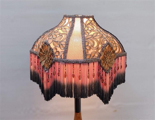 Victorian Lampshade: Peach Embroidery With Beaded Fringe - Etsy